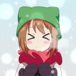  &gt;_&lt; 1girl :3 alternate_costume blush_stickers brown_hair cato_(monocatienus) chen closed_eyes coat commentary_request facing_viewer hat mittens red_scarf scarf short_hair simple_background snowing solo steam touhou upper_body white_coat winter_clothes x3 