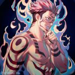  1boy abs aura black_nails brown_hair chest_tattoo chin_stroking completely_nude fingernails highres itadori_yuuji jujutsu_kaisen looking_to_the_side male_focus nipples nude pink_hair red_eyes ryoumen_sukuna_(jujutsu_kaisen) sharp_fingernails shoulder_tattoo solo spiked_hair tattoo toned toned_male undercut upper_body yonezawa_mao 