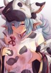  1girl animal_ears animal_print blue_hair breasts cow_ears cow_girl cow_hood cow_print detached_sleeves draph earrings eyebrows_visible_through_hair gradient gradient_background granblue_fantasy grey_background hair_between_eyes highres jewelry lactation large_breasts long_hair looking_to_the_side nipples purple_eyes shatola_(granblue_fantasy) sheer_clothes solo sweat yude 