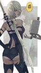  1girl bare_shoulders black_gloves blue_eyes closed_mouth elbow_gloves floating floating_weapon gauss_&lt;bokashi gloves grass grey_hair hair_over_one_eye half-closed_eyes hand_on_hip highres katana nier_(series) nier_automata pod_(nier_automata) robot scribble short_hair speech_bubble standing sword tree weapon weapon_on_back yorha_type_a_no._2 