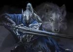  1boy animal armor artorias_the_abysswalker black_background blue_cape cape dark_souls english_commentary faceless faceless_male facing_viewer fadly_romdhani fighting_stance gauntlets great_grey_wolf_sif greatsword helmet holding holding_sword holding_weapon knight looking_at_viewer male_focus pauldrons plume shoulder_armor signature souls_(from_software) sword upper_body weapon wolf 