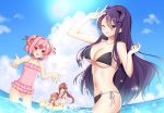  4girls :d ;d =_= bangs bare_arms bare_shoulders bikini black_bikini blue_sky bow breasts brown_hair cloud collarbone commentary day doki_doki_literature_club eyebrows_visible_through_hair fang flat_chest food frilled_swimsuit frills green_eyes hair_between_eyes hair_bow hair_ornament hair_ribbon hairclip highres innertube large_breasts long_hair monika_(doki_doki_literature_club) multiple_girls natsuki_(doki_doki_literature_club) navel one-piece_swimsuit one_eye_closed open_mouth outdoors pink_hair pink_swimsuit ponytail popsicle purple_eyes purple_hair red_bow red_ribbon ribbon s_h_riek sayori_(doki_doki_literature_club) short_hair side-tie_bikini sky smile splashing swept_bangs swimsuit two_side_up very_long_hair wading water white_bikini yuri_(doki_doki_literature_club) 