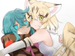  2girls :3 animal_ear_fluff animal_ears animal_print back_bow bare_shoulders blonde_hair blue_eyes blue_hair bow bowtie cat_ears cat_girl cat_print elbow_gloves eyebrows_visible_through_hair gloves high-waist_skirt highres hood hood_down hoodie hug isobee kemono_friends multiple_girls neck_ribbon pink_neckwear print_bow print_gloves print_skirt ribbon sand_cat_(kemono_friends) shirt short_hair skirt sleeveless snake_print tsuchinoko_(kemono_friends) white_shirt yellow_eyes 