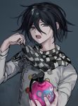  1boy animal_print bangs bear_print black_hair blue_eyes checkered checkered_scarf commentary_request danganronpa_(series) danganronpa_v3:_killing_harmony explosive grenade grey_background hair_between_eyes hands_up highres holding holding_grenade jacket long_sleeves looking_at_viewer male_focus muuyiie open_mouth ouma_kokichi purple_eyes scarf scarf_pull shiny shiny_hair short_hair simple_background solo straitjacket upper_body 