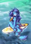  2009 anthro blue_body blue_fur blue_hair breasts butt canid canine cup drinking edtropolis female fox fur hair hi_res holding_cup holding_object krystal looking_at_viewer looking_back looking_back_at_viewer mammal nintendo nude sitting skinny_dipping solo star_fox straw surfboard vehicle video_games water watercraft 