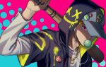  1boy arm_up baseball_bat baseball_cap bubble_blowing buttons chewing_gum earbuds earphones fingernails grey_headwear hat highres holding holding_baseball_bat hood hood_up jewelry male_focus necklace original over_shoulder pink_background pink_eyes shousan_(hno3syo) solo upper_body 
