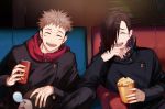  2boys :d ^_^ black_hair black_jacket black_pants brown_hair can closed_eyes couch facial_mark facing_viewer food gakuran hair_over_one_eye hand_up high_collar holding holding_can hood hood_down hoodie indoors itadori_yuuji jacket jujutsu_kaisen long_sleeves male_focus multiple_boys nose_bubble open_mouth pants peach_luo popcorn red_hoodie school_uniform short_hair sitting sleeping smile soda_can spiked_hair stuffed_animal stuffed_toy teddy_bear undercut upper_body upper_teeth yoshino_junpei 