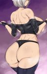  1girl absurdres angel_(kof) ass back bare_shoulders black_panties breasts erov_saaaka fingerless_gloves from_behind gloves highres huge_breasts jacket panties purple_background short_hair sideboob smile solo steam sweat the_king_of_fighters thick_thighs thighhighs thighs thong underwear undressing white_hair 