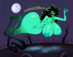 2020 areola big_breasts black_hair breasts daredemon7000 female floating ghost green_body green_tongue hair hi_res huge_breasts humanoid inverted_nipples legless levitation moon nipples one_eye_obstructed plant simple_background smile solo spirit tongue tree wide_hips 