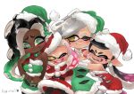  2017 animal_humanoid ava-riel callie_(splatoon) cephalopod cephalopod_humanoid christmas christmas_clothing christmas_headwear clothing costume female group hat headgear headwear holidays hug humanoid inkling marie_(splatoon) marina_(splatoon) marine marine_humanoid midriff mollusk mollusk_humanoid nintendo octarian octoling off_the_hook_(splatoon) one_eye_closed pearl_(splatoon) pseudo_hair santa_costume santa_hat simple_background splatoon squid_sisters_(splatoon) tentacle_hair tentacles video_games white_background wink 