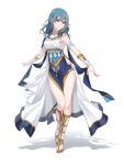  1girl armlet bangs bare_arms bare_shoulders blue_eyes blue_hair blue_nails bracelet breasts byleth_(fire_emblem) byleth_(fire_emblem)_(female) commentary dancer dress fire_emblem fire_emblem:_three_houses head_tilt highres jewelry long_hair looking_at_viewer medium_breasts moja_(moquackja) shadow simple_background smile solo thighs toenail_polish white_background white_dress 