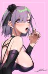  1girl bangs bare_shoulders black_nails blue_eyes blush breasts dagashi_kashi detached_sleeves fellatio_gesture flower hair_flower hair_ornament hairband huge_breasts j.k. looking_at_viewer open_mouth purple_hair shidare_hotaru short_hair solo teeth tongue tongue_out upper_body 