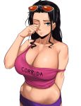  1girl absurdres black_hair blue_eyes breasts cleavage english_text expressionless eyebrows eyewear_on_head highres kevbot large_breasts lips long_hair navel nico_robin one_eye_closed one_piece pink_tank_top purple_shorts short_shorts shorts sleepy sunglasses tank_top white_background 