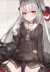  1girl amatsukaze_(kantai_collection) arm_at_side bangs black_panties black_ribbon blush breasts brown_eyes cameltoe closed_mouth collarbone covered_navel eyebrows_visible_through_hair garter_straps gloves hair_tubes highres kantai_collection long_hair long_sleeves no_pants panties red_legwear ribbon see-through sherryqq side-tie_panties silver_hair sitting small_breasts smile solo spread_legs thighhighs turret two-tone_background two_side_up underwear v-shaped_eyebrows very_long_hair white_gloves 