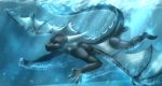  2020 5_fingers anthro blue_theme claws digital_media_(artwork) dragon fingers hi_res horn male membrane_(anatomy) membranous_wings oneminutesketch scales scalie smile solo spines toes underwater water western_dragon wings yellow_eyes 