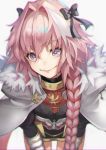  1boy armor astolfo_(fate) bent_over black_bow black_legwear black_ribbon black_skirt bow braid cloak fang fate/apocrypha fate_(series) fur-trimmed_cloak fur_collar fur_trim gorget hair_bow hair_intakes hair_ribbon hands_on_own_thighs highres long_braid long_hair looking_at_viewer male_focus multicolored_hair panties pantyshot pink_hair purple_eyes ribbon simple_background single_braid skin_fang skirt smile smug solo streaked_hair underwear white_background white_cloak white_hair yoshio_(55level) 