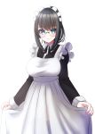  1girl absurdres alternate_costume apron bangs black_dress black_hair blue_eyes breasts closed_mouth collared_dress copyright_request dress enmaided eyebrows_visible_through_hair frilled_apron frills glasses hair_between_eyes highres juliet_sleeves large_breasts long_sleeves looking_at_viewer maid maid_apron maid_headdress nekobaka puffy_sleeves round_eyewear sidelocks simple_background smile solo virtual_youtuber white_apron white_background 