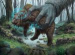  5_fingers ambiguous_gender black_nose blue_eyes brown_body brown_fur caraid claws day detailed_background feral fingers forest fur grass mammal outside paws plant rock solo_focus tree ursid 