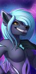  2020 anthro black_sclera blue_hair breasts canid canine canis citrinelle clothed clothing digital_media_(artwork) featureless_breasts female hair hi_res mammal orange_eyes smile solo teeth wolf 
