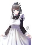  1girl alternate_costume apron bangs black_dress black_hair blue_eyes breasts closed_mouth collared_dress commentary_request copyright_request dated dress enmaided eyebrows_visible_through_hair frilled_apron frills hair_between_eyes highres juliet_sleeves large_breasts long_sleeves looking_at_viewer maid maid_apron maid_headdress nekobaka puffy_sleeves sidelocks signature simple_background smile solo twitter_username virtual_youtuber white_apron white_background 