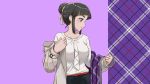  1girl alternate_hairstyle beige_coat black_hair blouse brown_eyes coat commentary_request hair_bun kaku_chosi kantai_collection long_hair myoukou_(kantai_collection) official_alternate_costume plaid plaid_background profile purple_background solo thick_eyebrows tied_hair white_blouse 