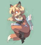  2020 anthro blonde_hair breasts canid canine covering covering_self dipstick_ears dipstick_tail edtropolis female fox fur gloves_(marking) green_background hair hi_res leg_markings mammal markings multicolored_ears multicolored_tail simple_background socks_(marking) solo 