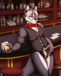  alcohol anthro bar bartender beverage bottle bow_tie bulge canid canine canis clothed clothing detailed_background electroporn fox fur furniture glass hair hi_res invalid_tag jockstrap looking_at_viewer male mammal muscular muscular_anthro muscular_male ranan_absidian smile solo stool teeth underwear wolf 