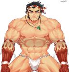  1boy abs bara beard black_hair bulge cowboy_shot facial_hair fangs forked_eyebrows fundoshi hachimaki headband hoki japanese_clothes magatama magatama_necklace male_focus muscle navel nejiri_hachimaki nipples pectorals short_hair solo spread_legs sweatdrop tajikarao_(tokyo_houkago_summoners) thick_eyebrows thick_thighs thighs tokyo_houkago_summoners underwear underwear_only white_background white_male_underwear 