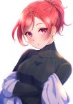  1girl absurdres bangs blush closed_mouth crossed_arms highres kobayashi_nyoromichi long_sleeves looking_at_viewer love_live! love_live!_school_idol_project nishikino_maki ponytail purple_eyes red_hair ribbed_sweater shiny shiny_hair short_hair simple_background solo sweater swept_bangs tied_hair turtleneck turtleneck_sweater upper_body white_background 