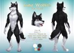  2019 anthro black_body black_fur black_nose canid canine canis domestic_dog english_text fluffy fur gradient_background husky inner_ear_fluff male mammal model_sheet navel nordic_sled_dog nude open_mouth pimpartist red_eyes simple_background smile solo spitz standing text tongue traditional_media_(artwork) tuft white_body white_fur wolf 