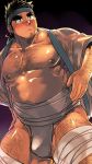 1boy arm_hair bandages bara bare_pecs belly black_hair blue_eyes blush bulge cowboy_shot facial_hair hairy happi headband higemorigen highres jacket japanese_clothes leg_hair loincloth male_focus muscle nipples open_clothes open_jacket original pectorals plump reward_available short_hair sideburns solo stomach stubble thick_eyebrows thick_thighs thighs white_male_underwear 