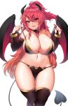  1girl absurdres ass_visible_through_thighs bangs bare_shoulders bikini black_legwear blush bracelet breasts brown_legwear cleavage commentary_request demon_girl demon_tail demon_wings detached_collar elbow_gloves fingerless_gloves gloves hands_up highres horns huge_breasts jewelry long_hair looking_at_viewer nail_polish navel open_mouth original pointy_ears ponytail red_hair red_nails skindentation smile solo string_bikini succubus suruga_(xsurugax) swimsuit tail thighhighs tongue white_background wings 