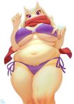  4_fingers anthro aruurara big_breasts bikini boss_monster bovid breasts caprine clothed clothing curvy_figure female fingers floppy_ears fur hi_res horn long_ears looking_at_viewer low-angle_view mammal mature_female navel portrait purple_eyes scarf signature simple_background slightly_chubby solo standing swimwear thick_thighs three-quarter_portrait toriel undertale video_games voluptuous white_background white_body white_fur wide_hips 