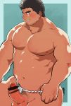  1boy ass bar_censor bara belly black_hair blush censored cowboy_shot erection facial_hair fundoshi fundoshi_aside higemorigen highres japanese_clothes male_focus muscle navel nipples original pectorals penis plump precum short_hair sideburns solo stubble thick_eyebrows thick_thighs thighs underwear underwear_only undressing veins veiny_penis white_male_underwear 