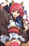  0wsaa0 1girl :d absurdres animal_ears apron bamboo_broom bangs blue_bow blush bow broom brown_kimono cowboy_shot eyebrows_visible_through_hair fox_ears fox_tail frilled_apron frills hair_bow highres japanese_clothes kimono kohaku_(tsukihime) long_sleeves looking_at_viewer magical_amber melty_blood obi obiage obidome obijime open_mouth orange_eyes pink_legwear red_hair sash short_hair short_kimono simple_background skindentation smile solo tail thighhighs tsukihime wasa_(pixiv29582664) white_background wide_sleeves zettai_ryouiki 