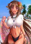  1girl animal_ears antenna_hair b-pang beach blush breasts brown_eyes brown_hair dark_skin dark_skinned_female day eyebrows_visible_through_hair flower hair_flower hair_ornament highres jewelry kaori_(princess_connect!) large_breasts long_hair looking_at_viewer navel necklace open_mouth outdoors princess_connect! princess_connect!_re:dive smile solo tail tan very_long_hair 