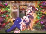  anthro arm_support baubles blonde_hair blue_clothing blue_eyes blue_harness blue_legwear breasts canid canine chain chain_leash chest_harness chest_tuft christmas christmas_clothing christmas_decorations christmas_headwear christmas_lights christmas_ornament christmas_tree clothing collar digital_media_(artwork) english_text eyelashes female grass hair hand_on_leg hand_on_thigh harness hat headgear headwear holidays leash legwear mammal navel nelami nipples one_eye_closed pet_bowl pink_nose plant red_collar santa_hat shaded sitting solo text tree tuft url 