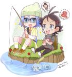  2boys fishing gen_8_pokemon glasses goh_(pokemon) highres hutao_poke james_(pokemon) multiple_boys pokemon pokemon_(anime) purple_hair sobble team_rocket watch woollen_cap 