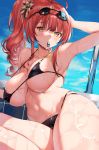  1girl azur_lane bangs bare_arms bare_shoulders bikini black_bikini breasts covered_nipples day goggles goggles_on_head hair_ornament highres large_breasts long_hair looking_at_viewer lying micro_bikini mouth_hold o-ring o-ring_bikini poolside red_hair sg_(satoumogumogu) side_ponytail solo string_bikini swimsuit wet whistle yellow_eyes zara_(azur_lane) zara_(poolside_coincidence)_(azur_lane) 