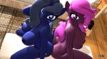  16:9 3d_(artwork) anthro anthroponiessfm ass_to_ass big_breasts blue_body blue_eyes breasts cutie_mark digital_media_(artwork) duo dutch_angle equid equine female female/female furniture grey_hair hair hasbro hi_res high-angle_view horn inside looking_at_viewer looking_up mammal my_little_pony nipples nude pink_hair purple_body purple_eyes sitting smile sofa unicorn widescreen 