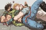  2boys bare_arms bare_shoulders battle_tendency belt blonde_hair blue_belt blue_gloves blue_pants blue_shirt boots brown_belt brown_hair caesar_anthonio_zeppeli closed_mouth commentary covered_mouth crop_top denim dirty dirty_clothes dirty_face eyebrows_behind_hair face_to_pecs facial_mark feather_hair_ornament fingerless_gloves gloves green_eyes green_gloves green_shirt grey_background hair_ornament hamon_mask head_on_chest head_rest headband highres jeans jojo_no_kimyou_na_bouken joseph_joestar_(young) knee_boots looking_at_another looking_at_viewer lying lying_on_person male_focus mask midriff_peek motion_lines mouth_mask multicolored multicolored_clothes multicolored_scarf multiple_boys muscle on_back one_eye_closed pants patting patting_back pectoral_pillow sashiyu scarf shirt short_hair short_sleeves signature sleeveless squiggle stone striped striped_scarf symbol_commentary triangle_print white_pants 