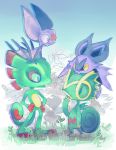  8r00t4l commentary creature crossover english_commentary eye_contact gen_3_pokemon gen_6_pokemon grass hands_on_hips kecleon laylee looking_at_another no_humans noibat on_head plant pokemon pokemon_(creature) pokemon_on_head standing yooka yooka-laylee 