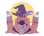  commentary_request creature fire flame full_body gen_5_pokemon gen_7_pokemon halloween hat jaho litwick looking_at_viewer mimikyu no_humans palossand pokemon pokemon_(creature) simple_background standing white_background witch_hat 
