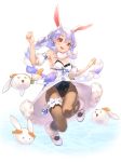  &gt;_&lt; 1girl :3 :d absurdres animal_ears blue_hair bow braid breasts brown_legwear bunny_ears carrot don-chan_(usada_pekora) dress full_body fur-trimmed_dress fur_trim garters highres hololive illui_desu jumping leotard looking_at_viewer multicolored_hair nousagi_(usada_pekora) open_mouth pantyhose pom_pom_(clothes) red_eyes ribbon-trimmed_garter shoe_bow shoes simple_background small_breasts smile solo twin_braids twintails two-tone_hair usada_pekora w_arms water white_background white_dress xd 