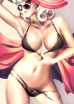  1girl areola_slip areolae arm_up armpits aviator_sunglasses bikini bikini_pull black_bikini breasts brown_eyes carmilla_(fate/grand_order) carmilla_(swimsuit_rider)_(fate) contrapposto covered_nipples curly_hair fate/grand_order fate_(series) hat highres large_breasts lips looking_at_viewer makeup mascara navel pulled_by_self queasy_s red_headwear solo standing sun_hat sunglasses swimsuit towel twitter_username underboob upper_teeth white_hair 