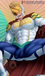  1boy ass_visible_through_thighs bara blonde_hair bodysuit boku_no_hero_academia bulge cape covered_abs covered_navel covered_nipples feet_out_of_frame flaccid grelxb highres male_focus muscle patreon_username pectorals red_cape reward_available short_hair solo spiked_hair spread_legs superhero thick_thighs thighs togata_mirio white_bodysuit 