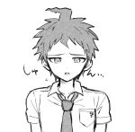  1boy ahoge bangs breast_pocket collarbone collared_shirt danganronpa_(series) danganronpa_2:_goodbye_despair greyscale hinata_hajime looking_at_viewer male_focus monochrome necktie open_mouth pocket shirt short_hair short_sleeves solo takagiri translation_request upper_body 