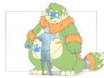  2020 4:3 anthro belly bottomwear canid canine canis clothing domestic_dog dragon duo green_body hug human humanoid_hands hybrid inunoshippo kemono mammal overweight pento_(kamiyu) shirt shorts topwear 