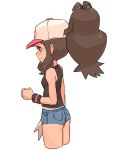  1girl ass baseball_cap breasts brown_hair closed_mouth denim denim_shorts hat hilda_(pokemon) long_hair nyonn24 pokemon pokemon_(game) pokemon_bw ponytail short_shorts shorts simple_background solo vest white_background wristband 