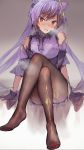  1girl bangs bare_shoulders blush brown_legwear commentary_request crossed_legs detached_sleeves dress eyebrows_visible_through_hair genshin_impact gloves hair_between_eyes head_tilt heavy_breathing highres keqing legs long_hair no_shoes nose_blush pantyhose parted_lips purple_dress purple_gloves purple_hair red_eyes short_sleeves sitting sleeveless sleeveless_dress solo tomozero twintails very_long_hair 